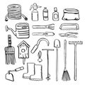 Gardening tools set. Vector hand drawn outline sketch illustration. Shovels, wheelbarrow, watering cans, rakes, pruners, boots Royalty Free Stock Photo